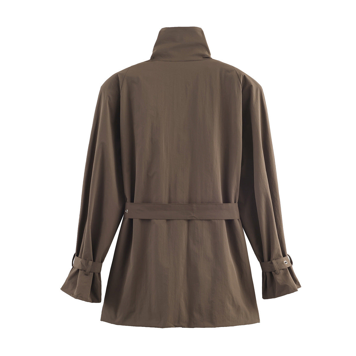 Gabardina entallada de color marrón con cinturón y cuello mao para mujer