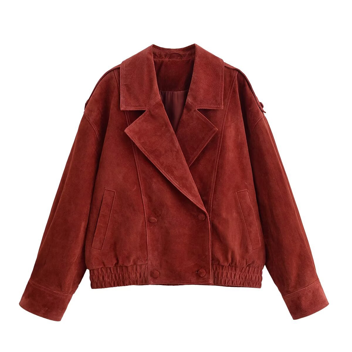 Brick red double-breasted faux leather jacket
