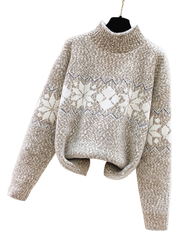 Suéter navideño de cuello medio con jacquard de copos de nieve para mujer