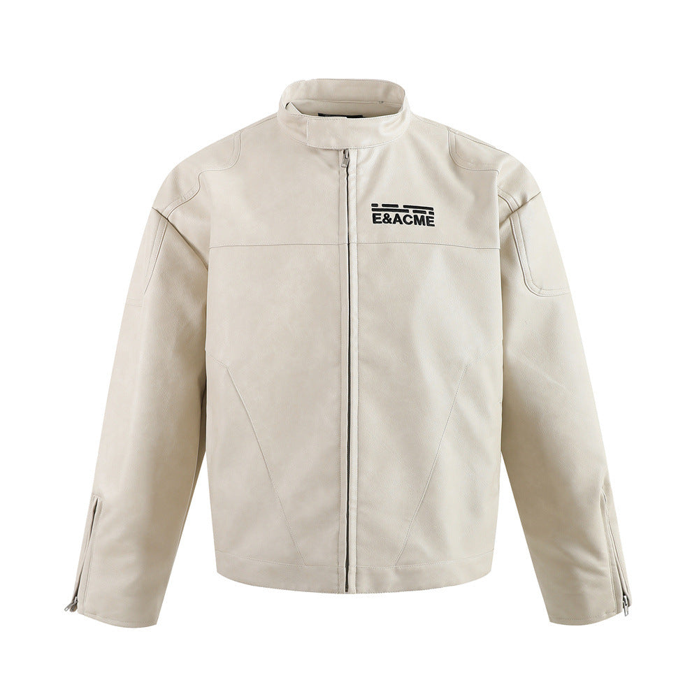 Image of Chaqueta de piel sintética con cuello mao y diseño bicolor
