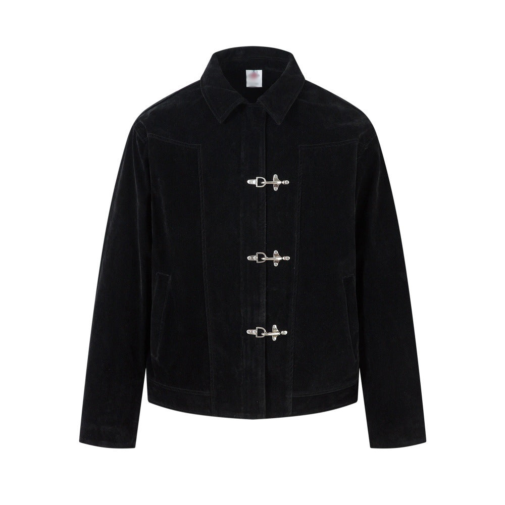 Image of Loose fit suede-texture lapel zip-up jacket