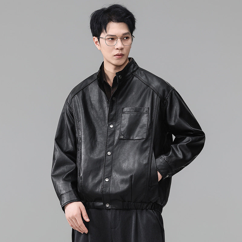 Image of Men's stand collar faux leather zip-up jacket