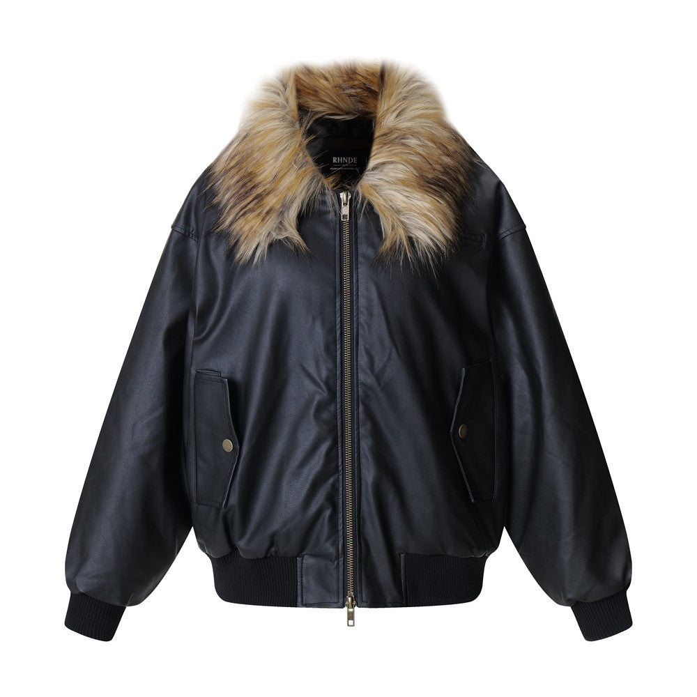 Image of Zeratta Black faux leather zip-up jacket with fur collar