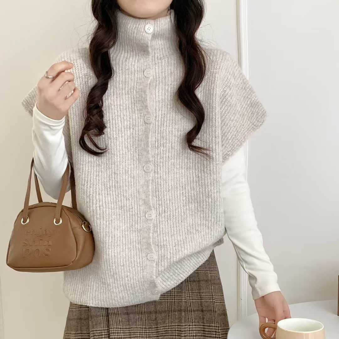 Image of Sleeveless turtleneck knit vest with button front
