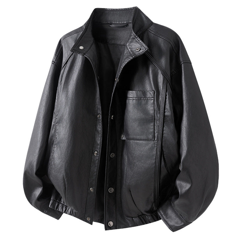 Image of Men's stand collar faux leather zip-up jacket