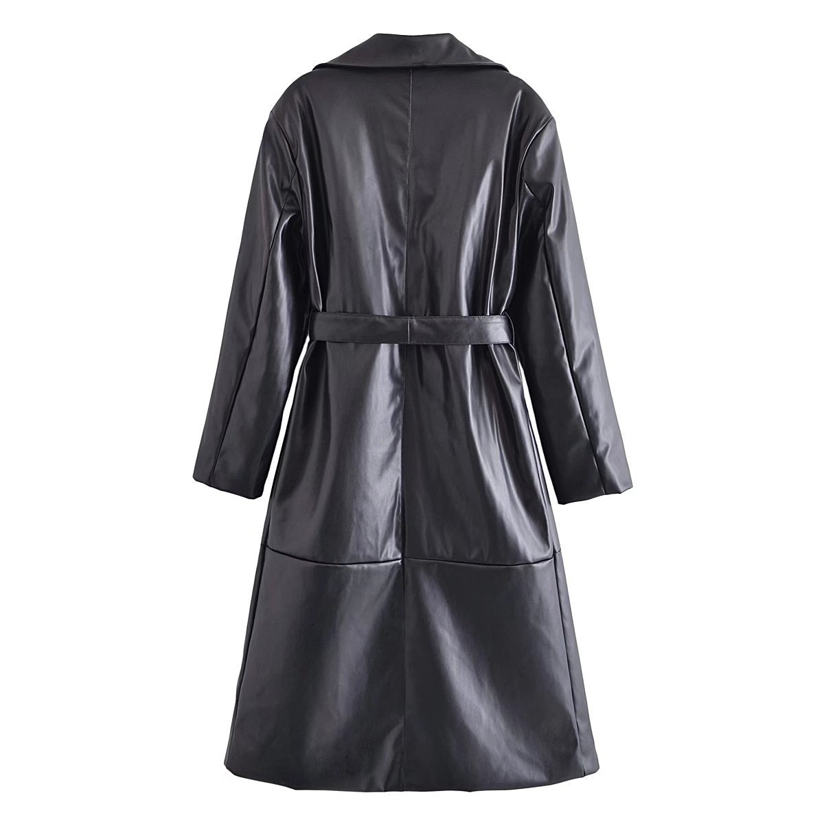 Image of Black belted faux leather trench coat