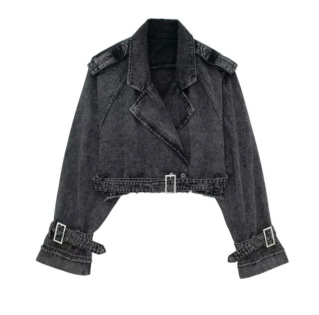 Women's cropped belted denim jacket