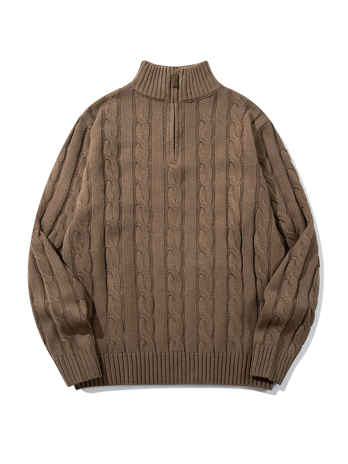 Cable knit half-zip high neck pullover sweater