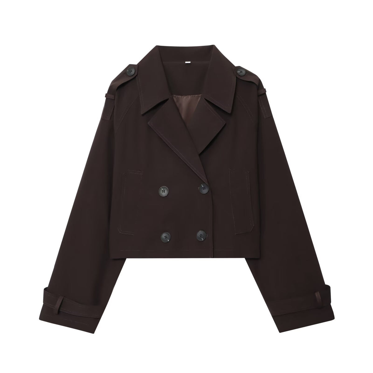 Trench coat corto de doble botonadura en marrón oscuro para mujer