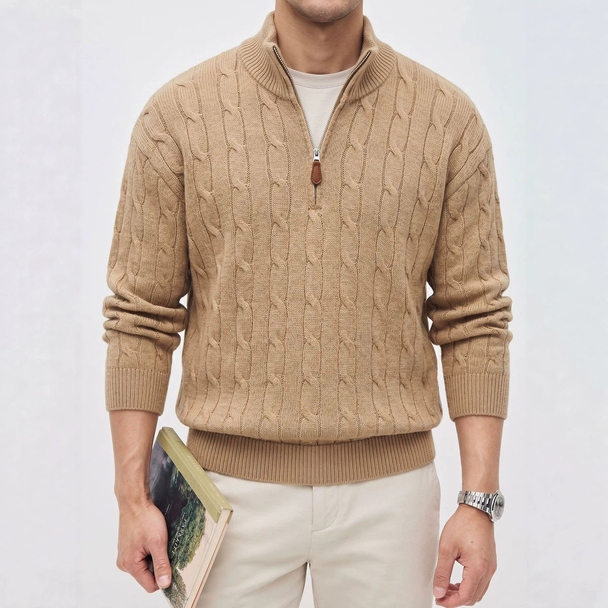Men's loose fit stand collar half-zip sweater
