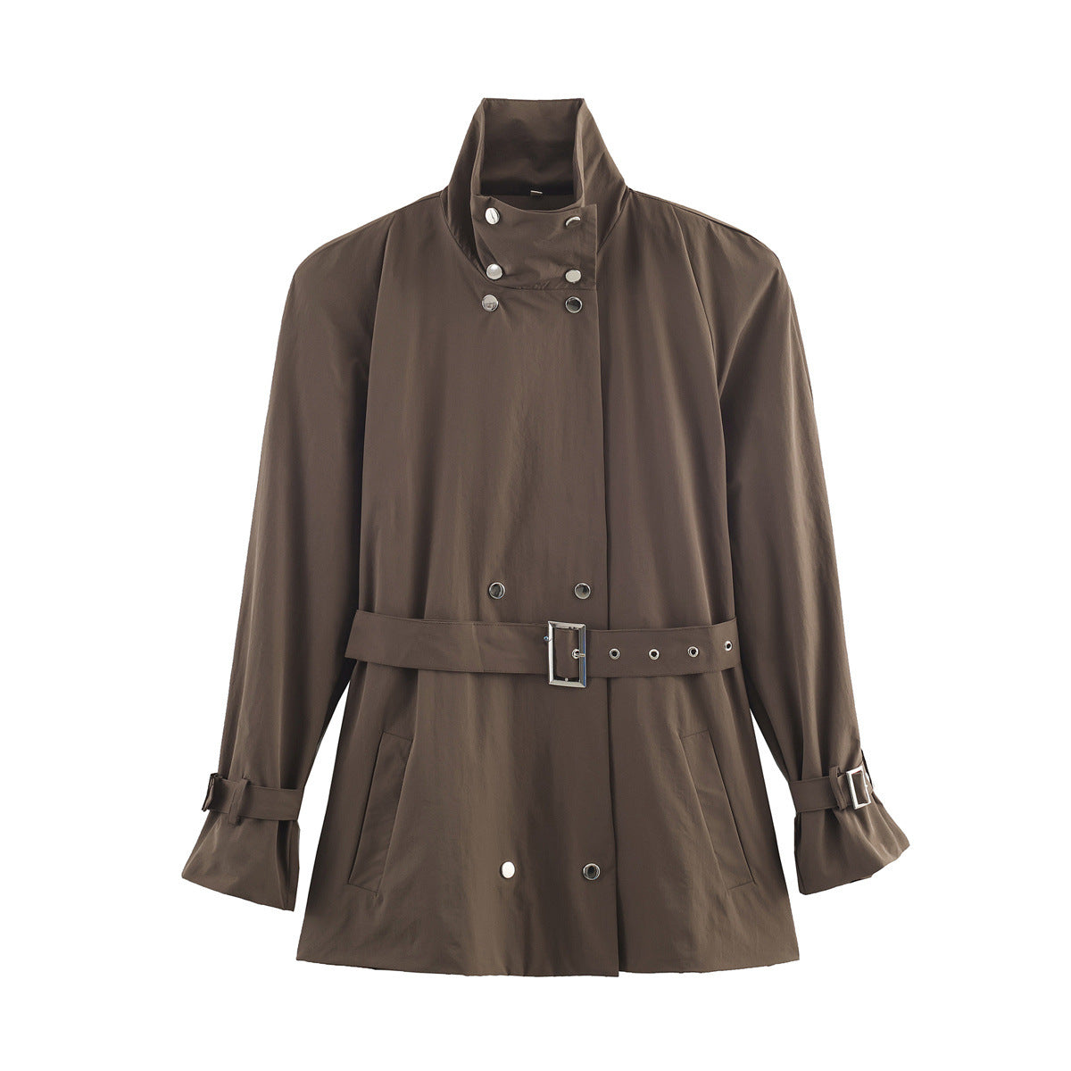 Gabardina entallada de color marrón con cinturón y cuello mao para mujer