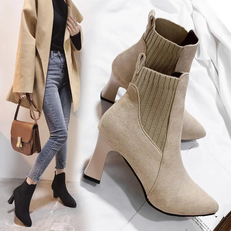 Image of Women's knitted pointed toe high heel ankle boots