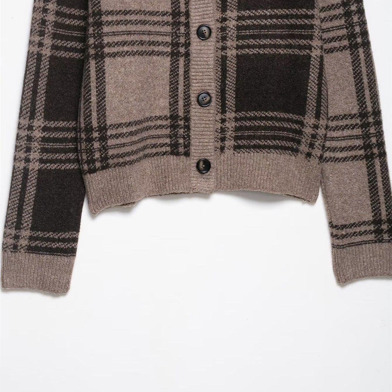 Image of Plaid round neck button-front knit cardigan