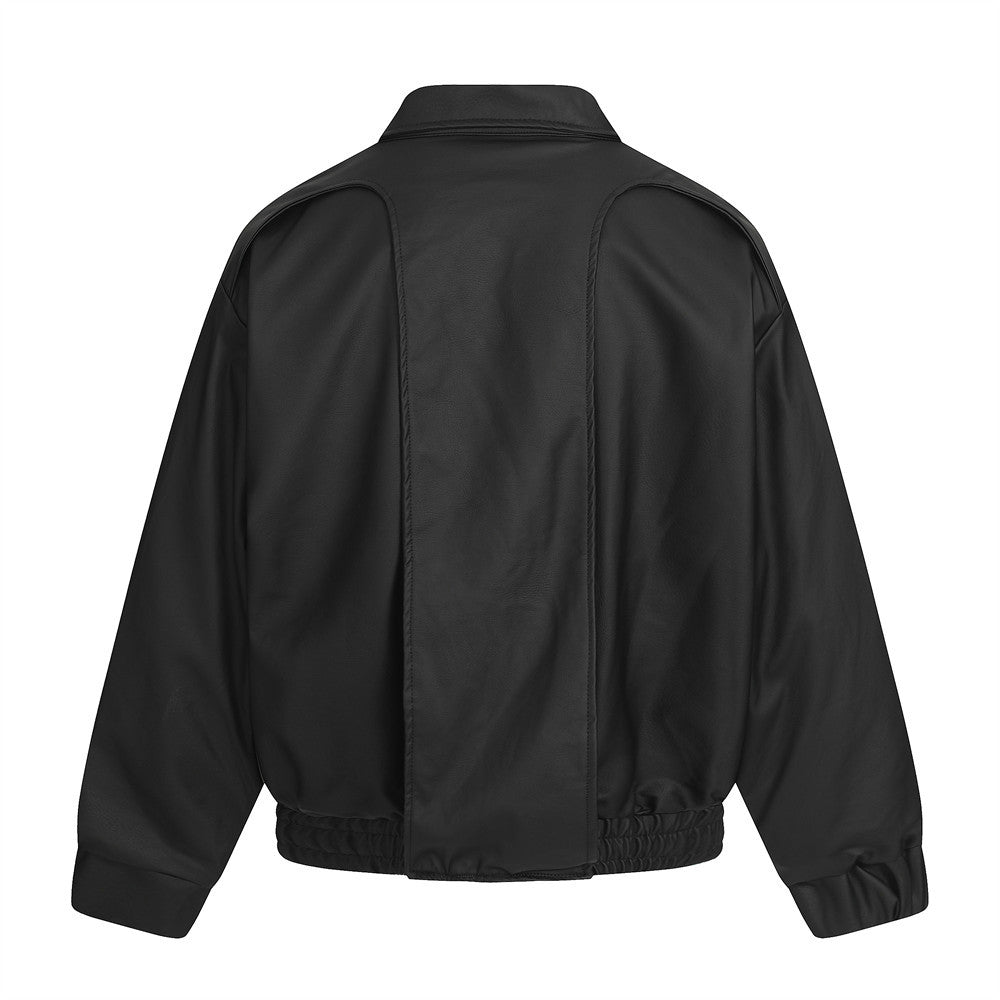 Black mid-length faux leather zip-up jacket