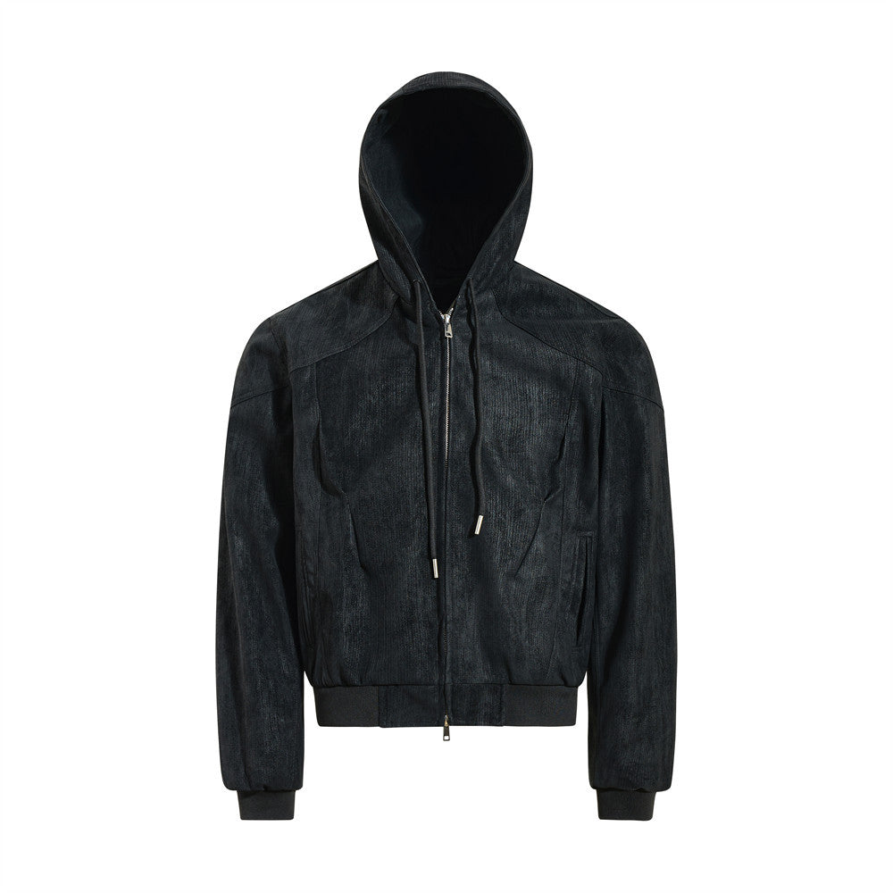 Image of Hooded loose fit zip-up faux leather jacket