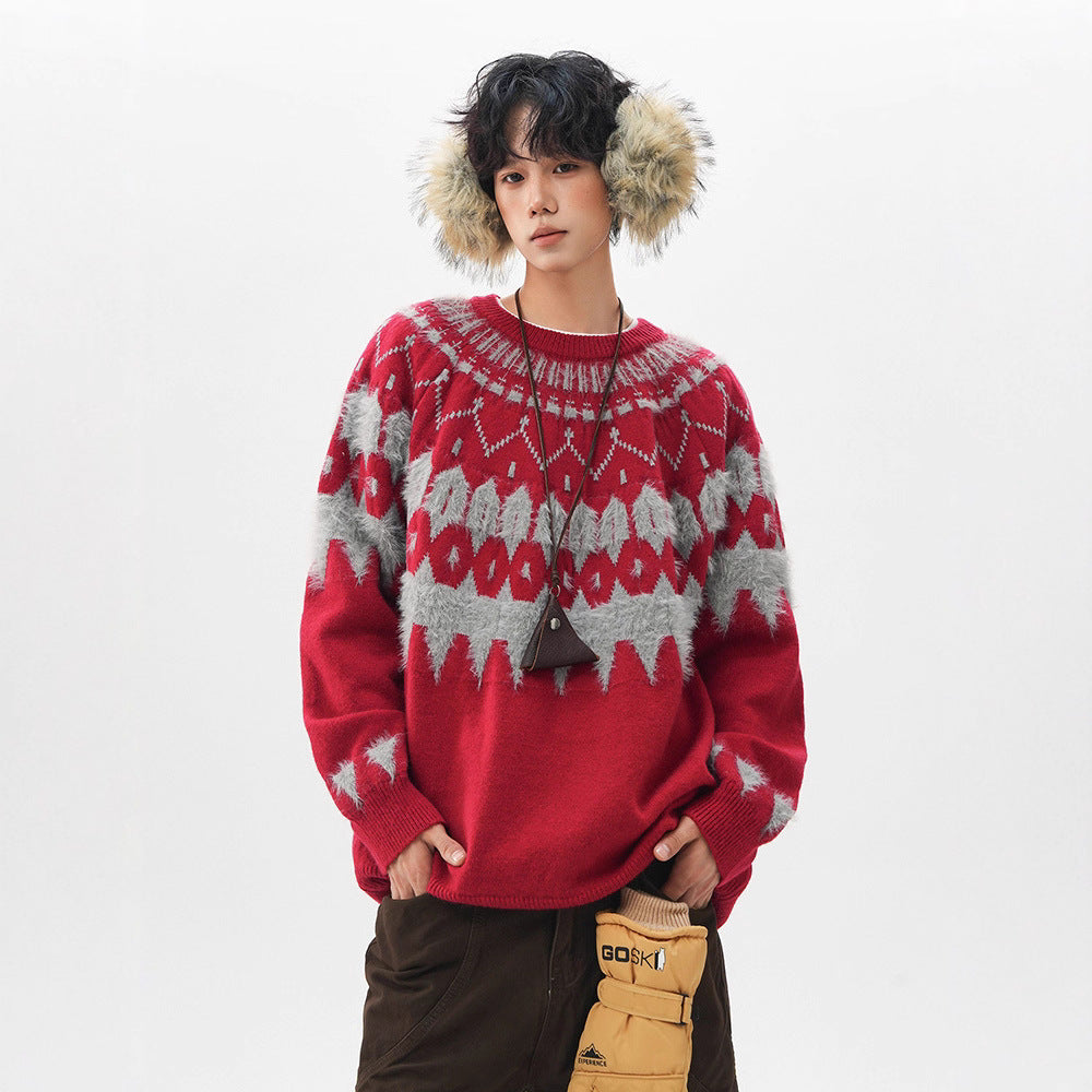 Suéter de cuello redondo con tejido jacquard de Navidad para hombre