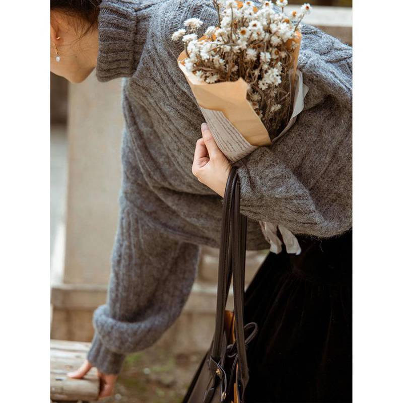 Image of Gray cable knit high neck pullover sweater