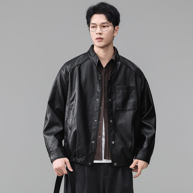 Men's stand collar faux leather zip-up jacket