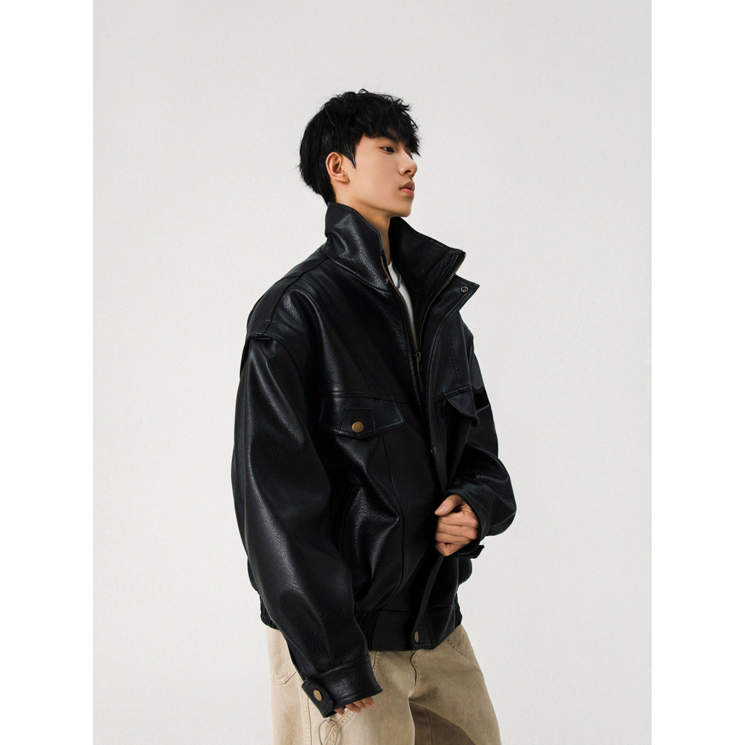 Image of Chaqueta motera de cuello mao para hombre, acolchada o sin acolchar