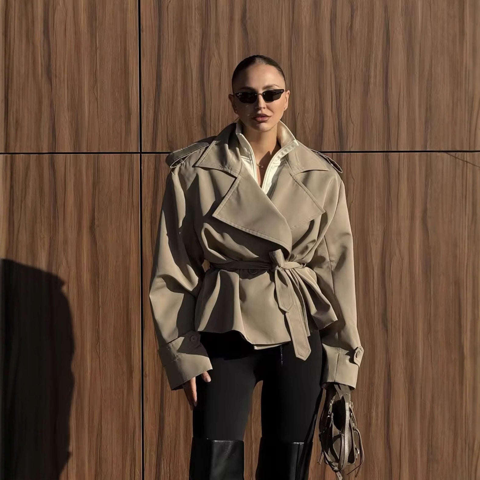 Image of Women's tie-front short lapel trench coat