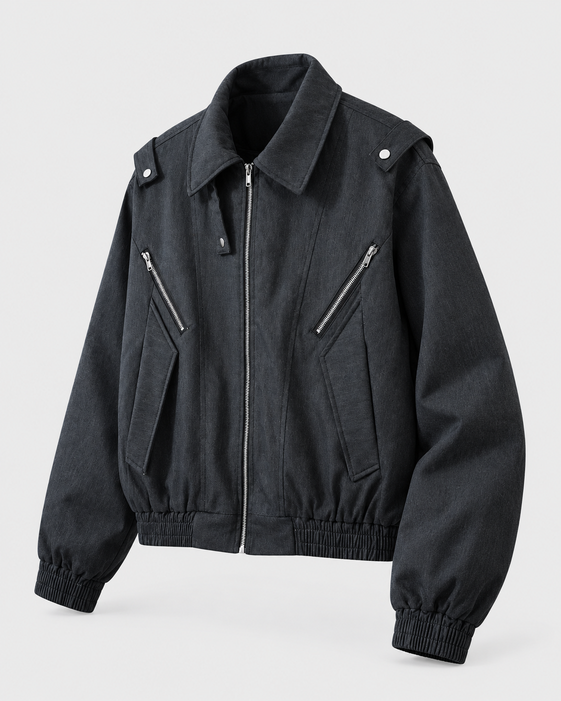 Black | Black cotton padded zip-up jacket, angled studio product view