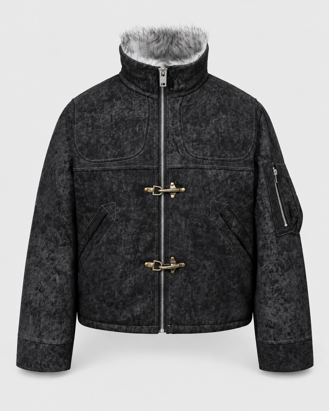 Black | Coffee and black cotton zip-up jacket, front studio product view