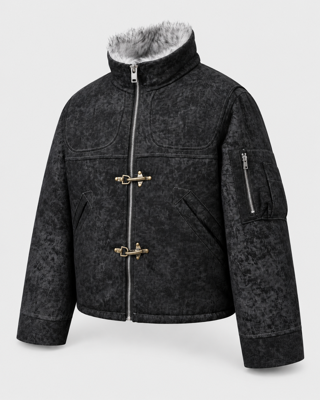 Image of Black | Coffee and black cotton zip-up jacket, angled studio product view