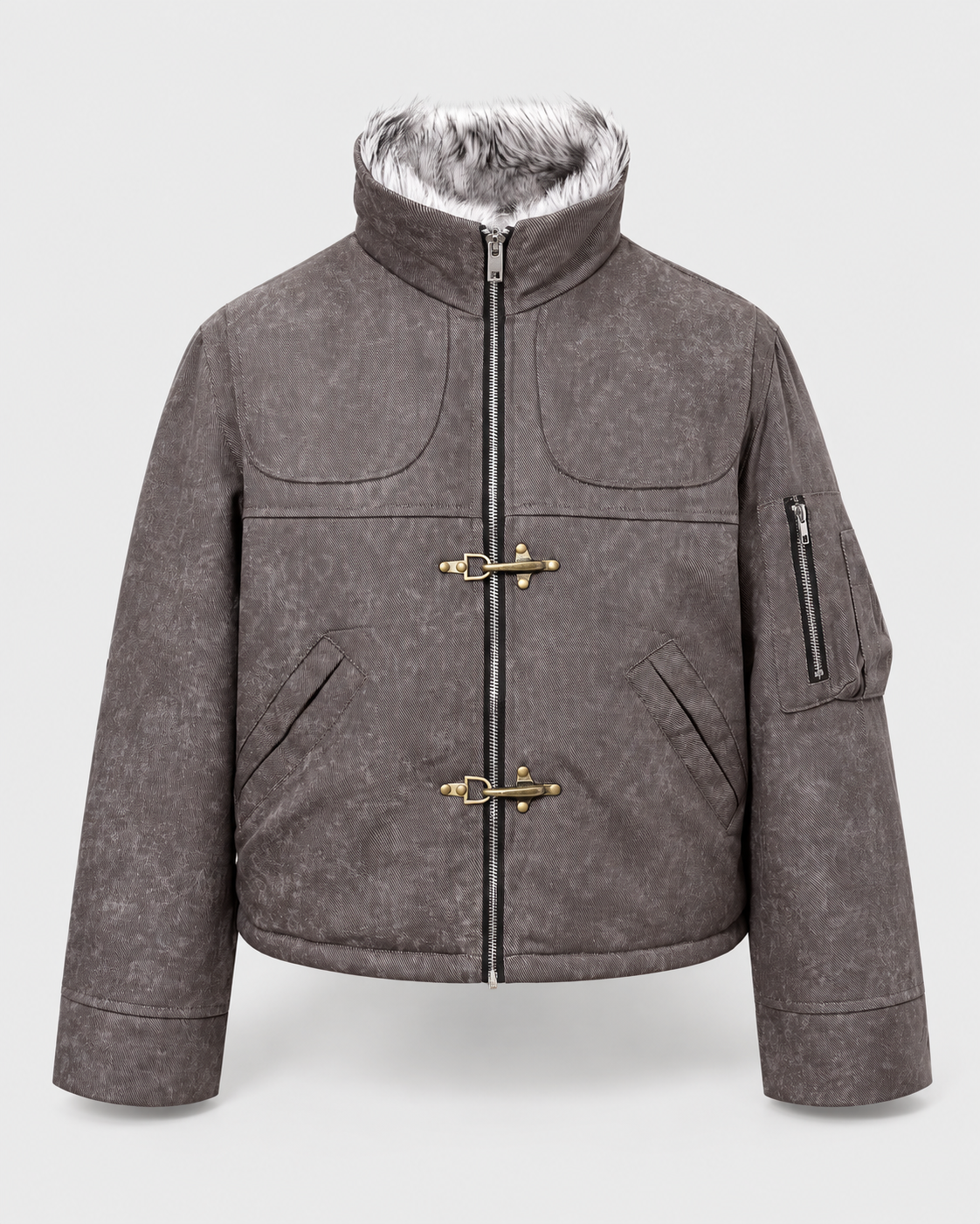 Image of Light coffee color | Coffee and black cotton zip-up jacket, front studio product view