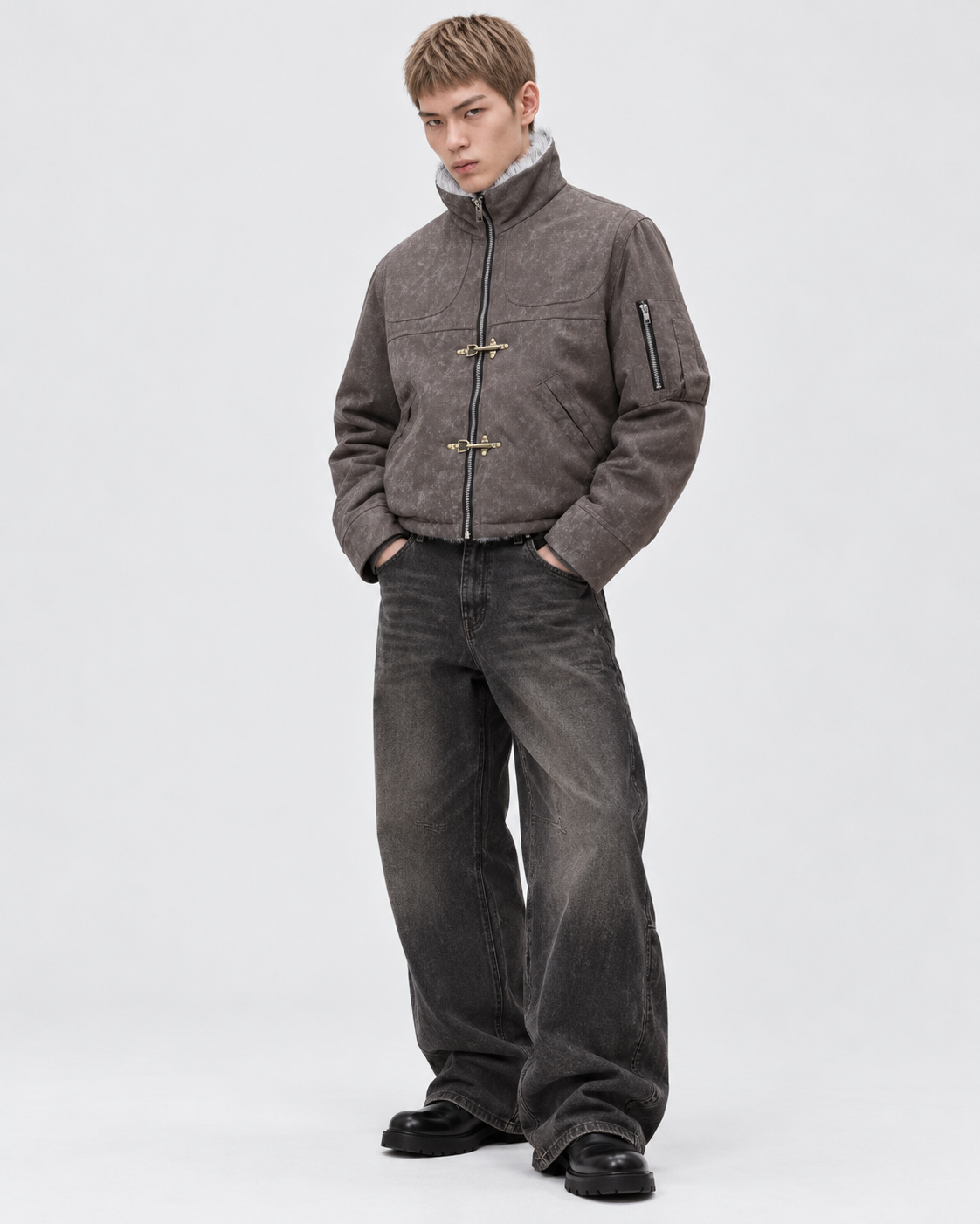 Light coffee color | Male model wearing the light coffee color zip-up jacket, studio pose