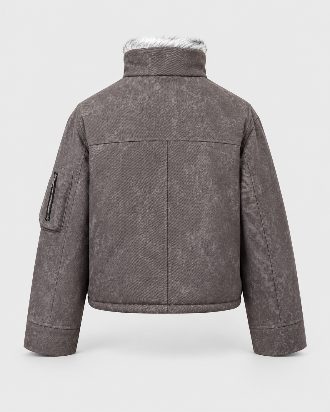 Light coffee color | Coffee and black cotton zip-up jacket, rear studio product view