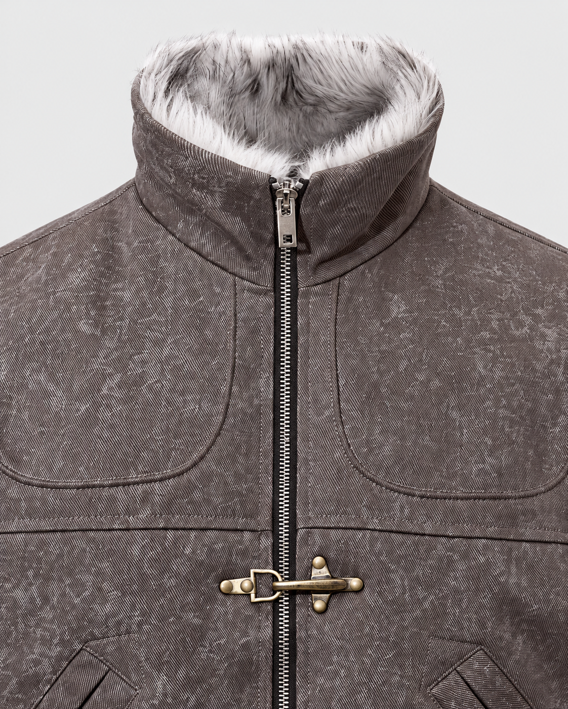Image of Light coffee color | Close-up of the collar detail on the light coffee color zip-up jacket