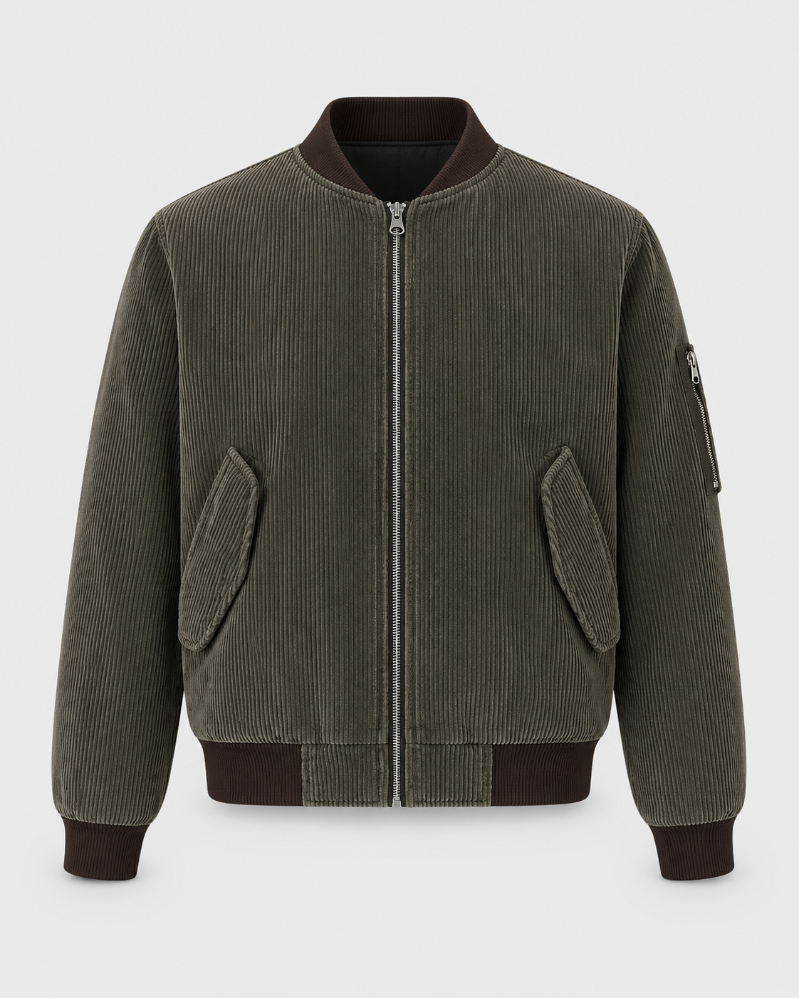 Dark Brown | Dark brown corduroy padded zip-up jacket, front studio product view