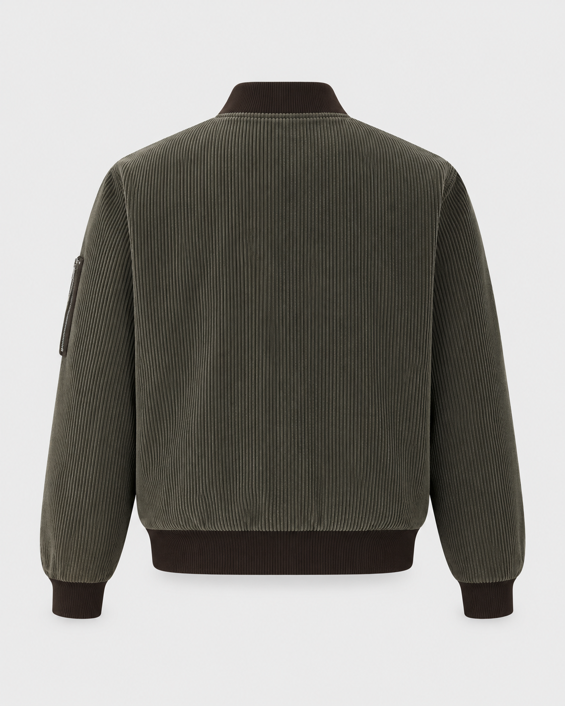 Image of Dark Brown | Dark brown corduroy padded zip-up jacket, rear studio product view