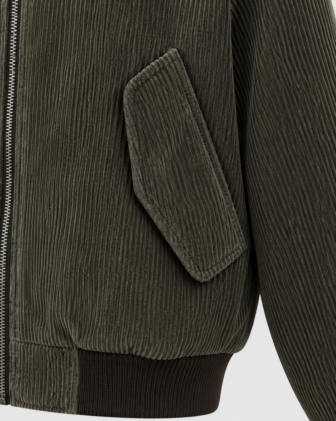 Image of Dark Brown | Close-up of the front pocket detail on the dark brown zip-up jacket