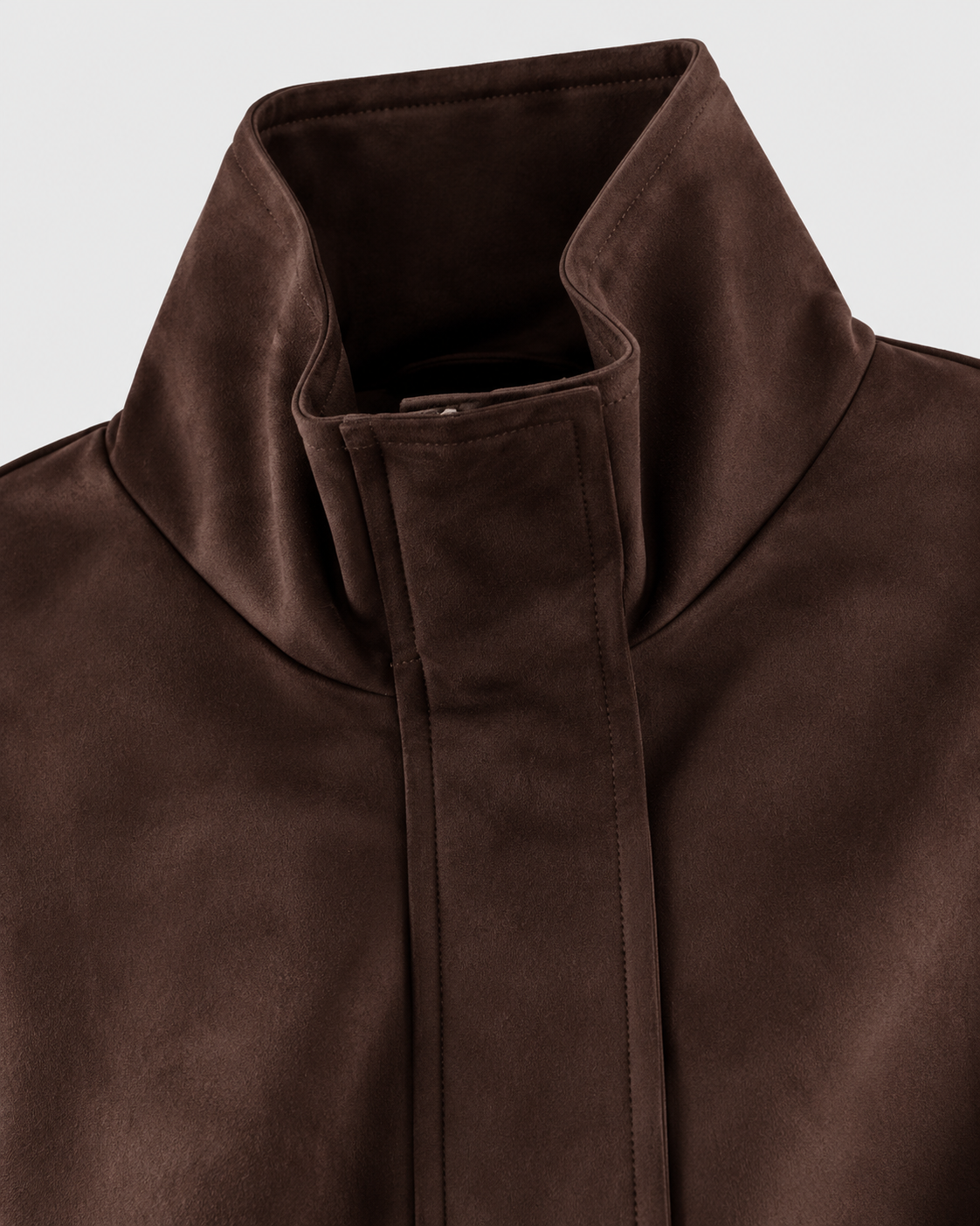 Image of Dark Brown | Close-up of stand collar and zipper on dark brown bomber jacket