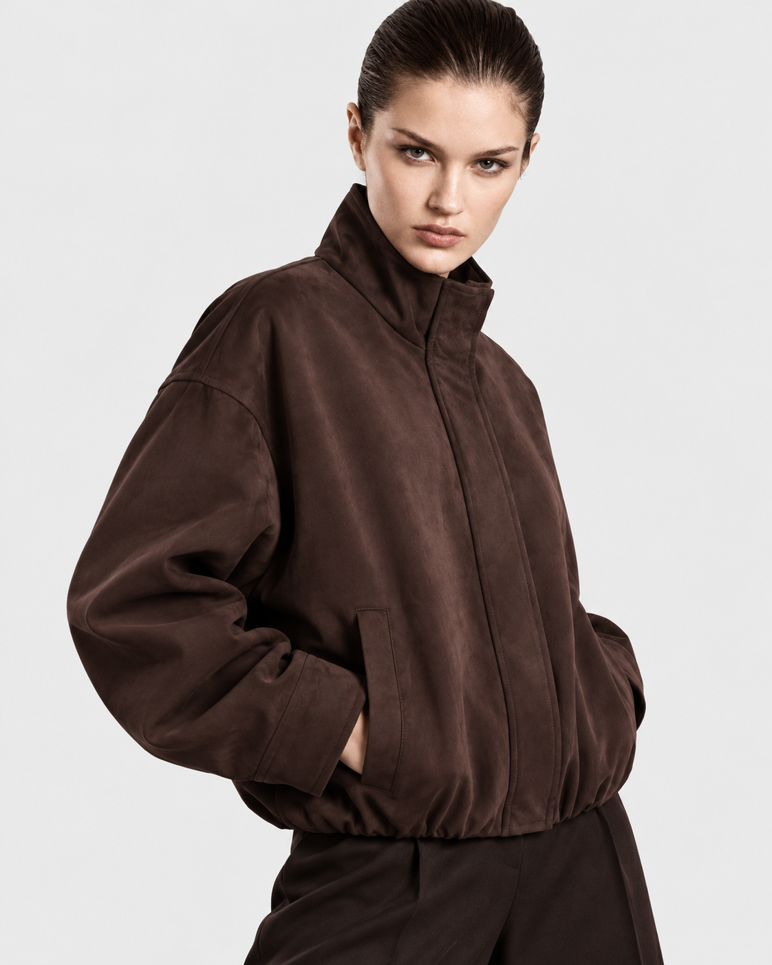 Dark Brown | Model styling dark brown flight bomber jacket in alternate pose