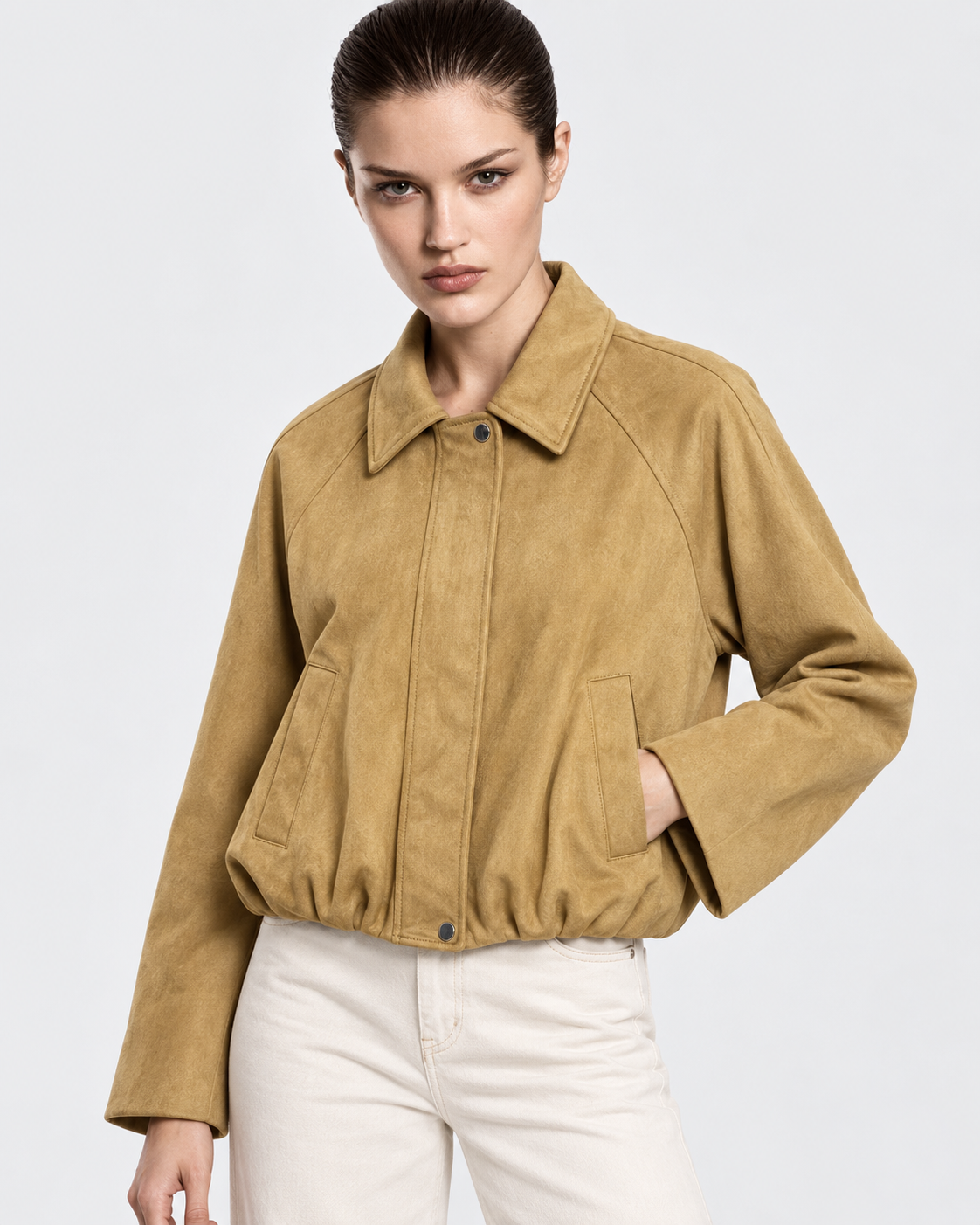 Image of Khaki | Model wearing khaki suede-effect zip-up bomber jacket, front view