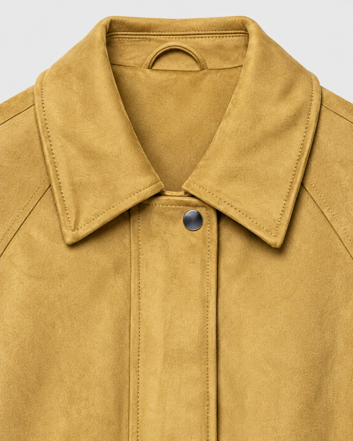 Image of Khaki | Close-up of collar and top fastening on suede-effect jacket