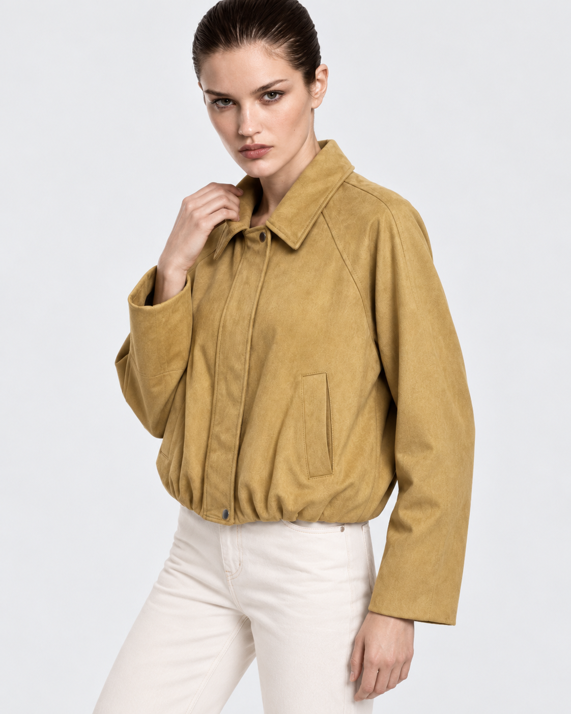 Khaki | Model styling khaki suede-effect bomber jacket in alternate pose