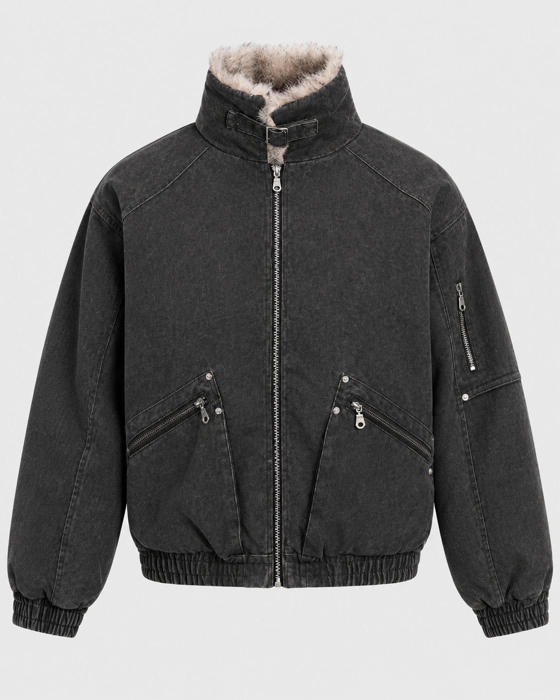 Image of Black | Loose fit cotton workwear zip-up jacket, front studio product view