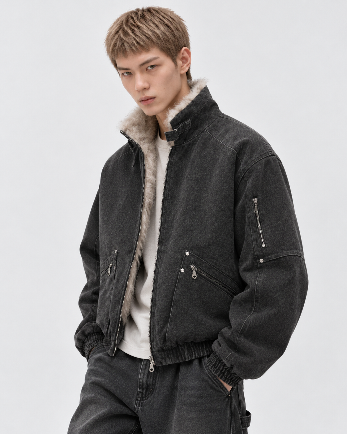 Black | Male model wearing the black zip-up jacket, studio pose