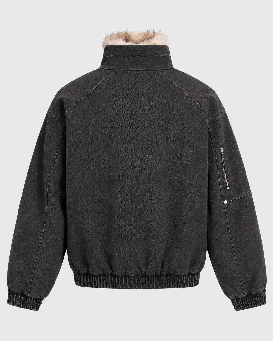 Image of Black | Loose fit cotton workwear zip-up jacket, rear studio product view