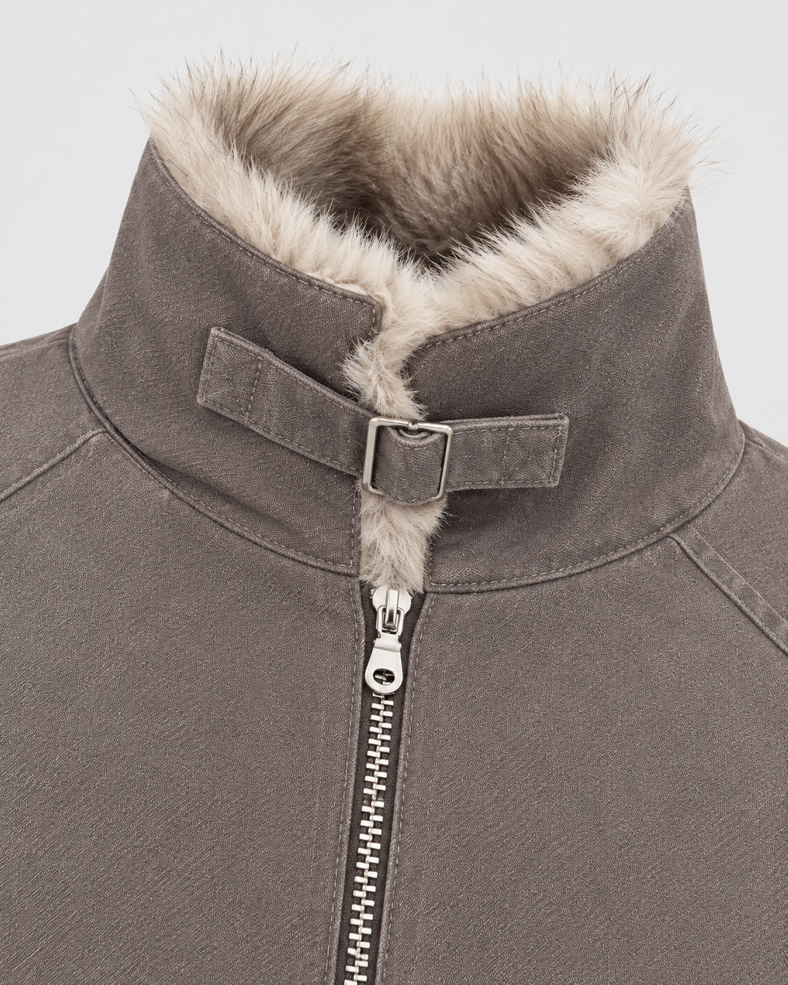 Image of Brown | Close-up of the fur collar detail on the brown zip-up jacket