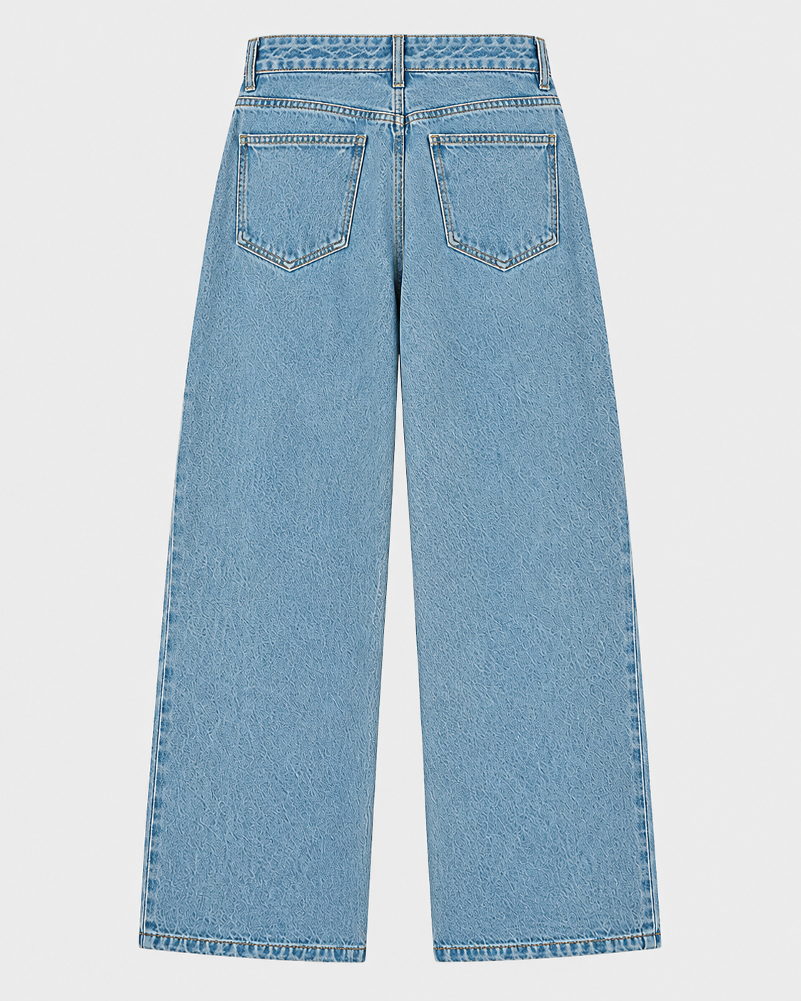 Medium | Back view of medium-blue wide-leg jeans with patch pockets