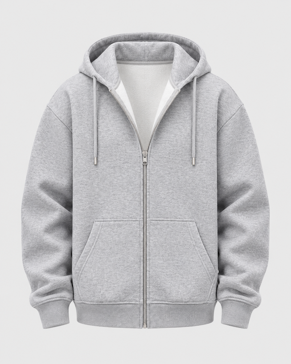 Heather Gray | Front studio view of men's heather gray zip-up hoodie with drawstring hood and patch pockets