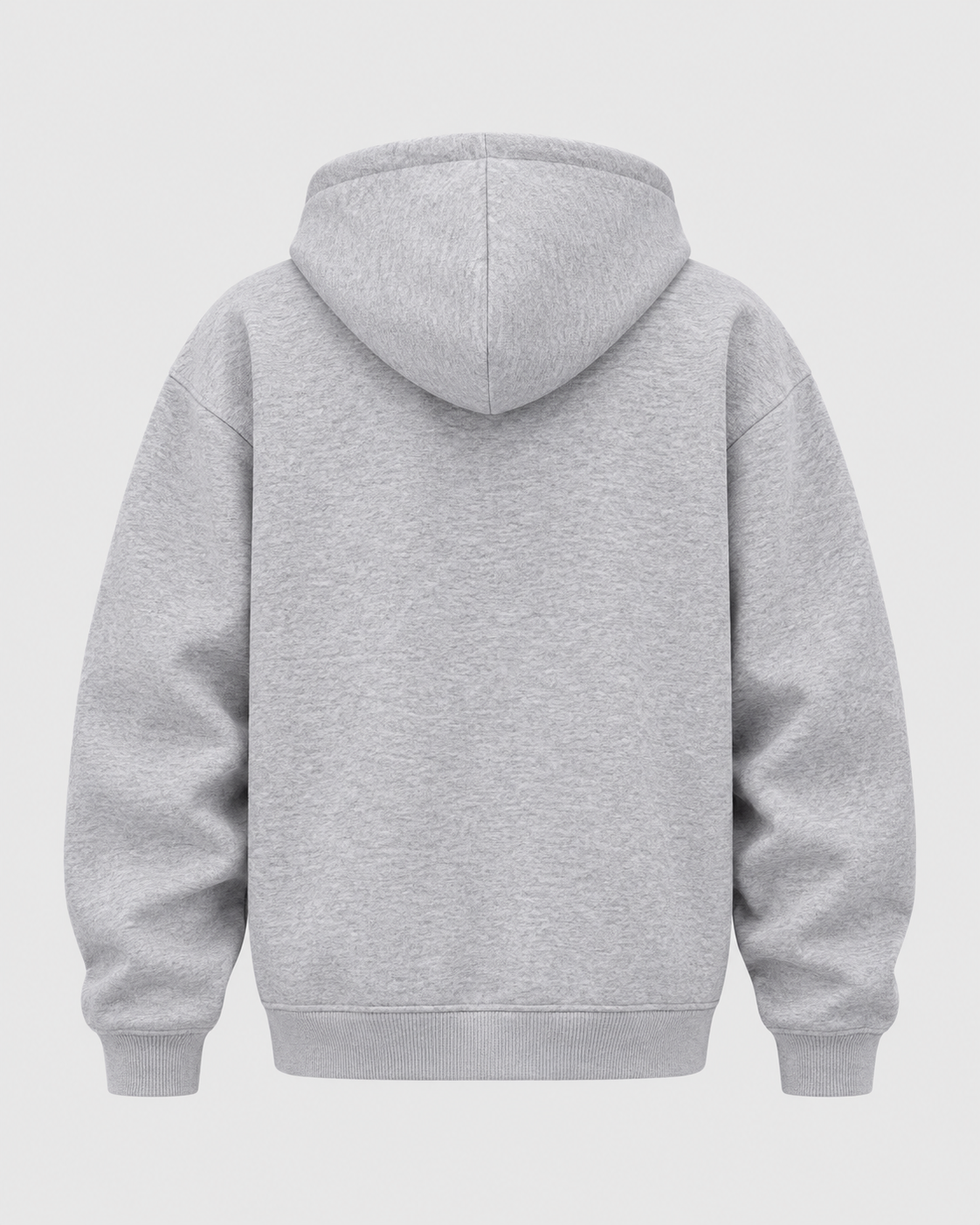 Image of Heather Gray | Back studio view of the heather gray zip-up hoodie showing the hood and ribbed hem