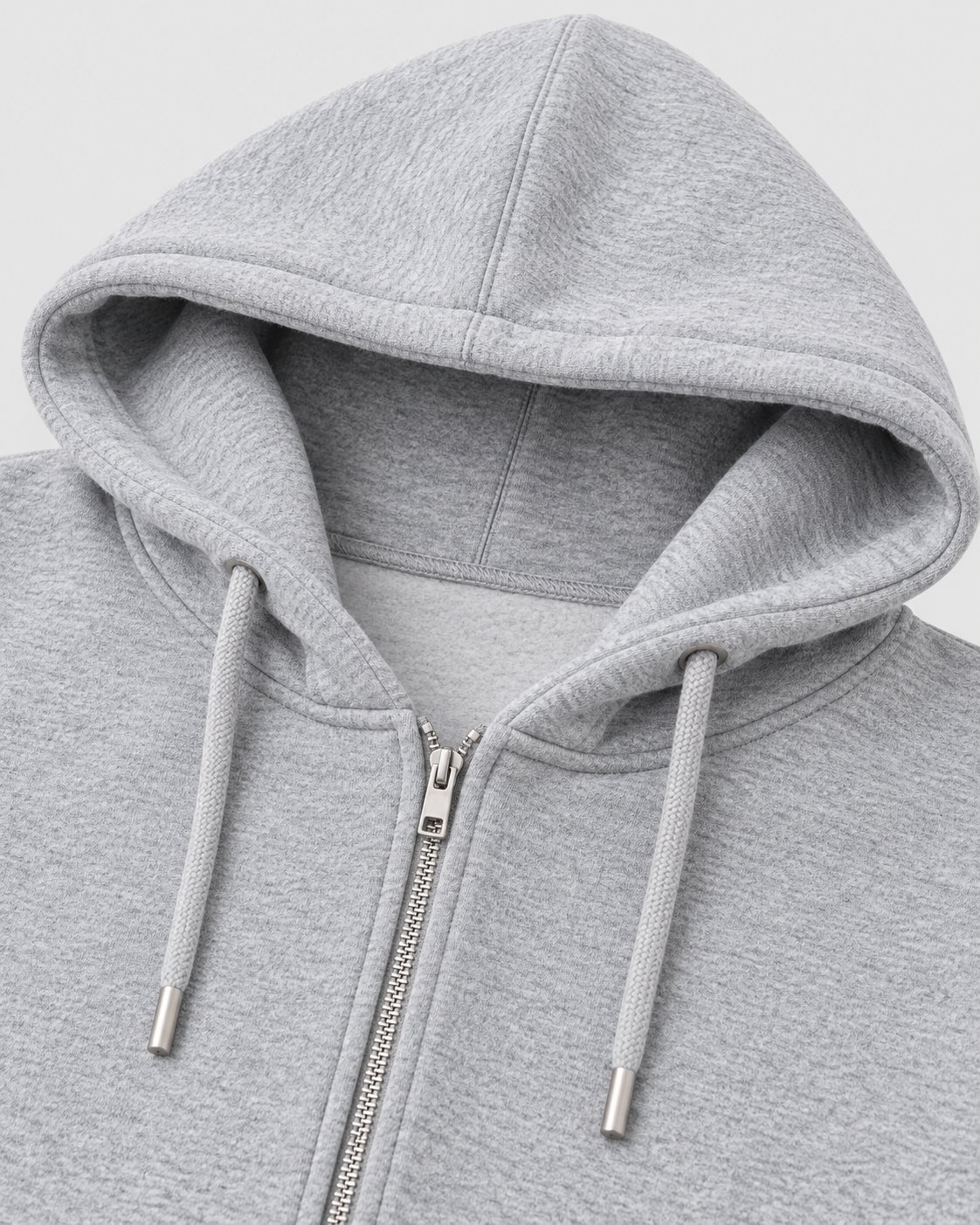 Heather Gray | Close-up of the heather gray hoodie showing its hood seams, drawstrings and front zip