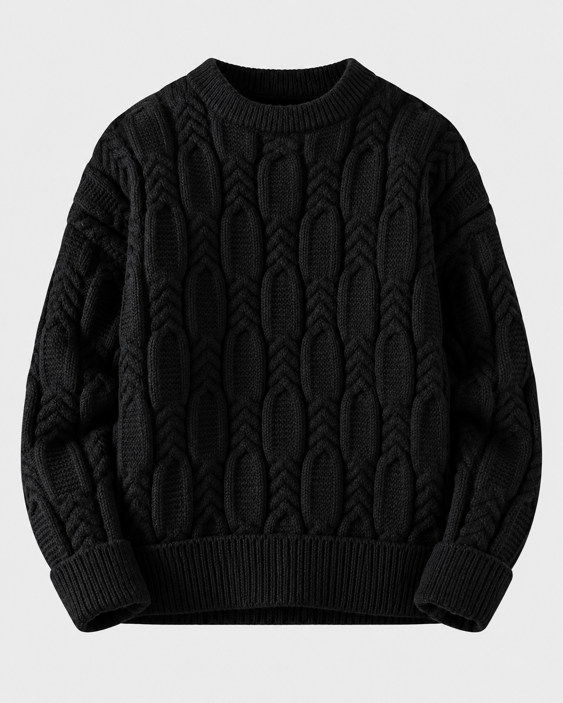 Image of Black | Black chunky cable-knit crewneck sweater, front studio view