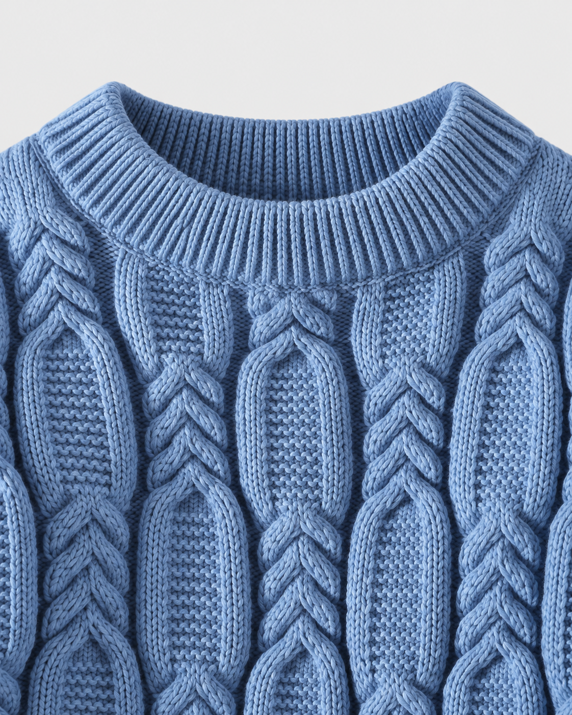 Image of Blue | Close-up of ribbed round neckline and blue cable-knit stitching