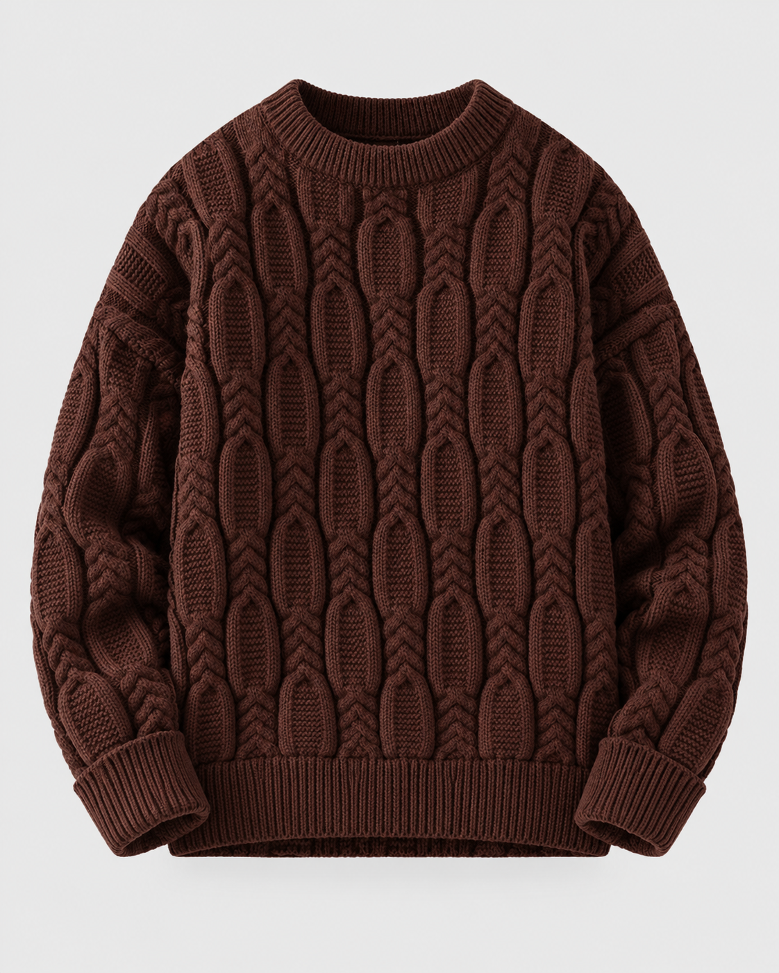 Image of Coffee | Coffee-brown cable-knit crewneck sweater, front studio view